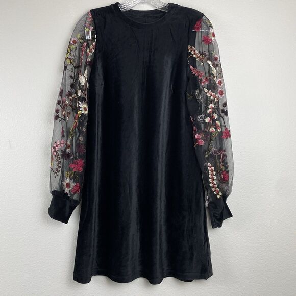 Tunic Dress Embroidered Floral Mesh Bishop Sleeves Mini  Romantic Cute Goth-L - Picture 2 of 12